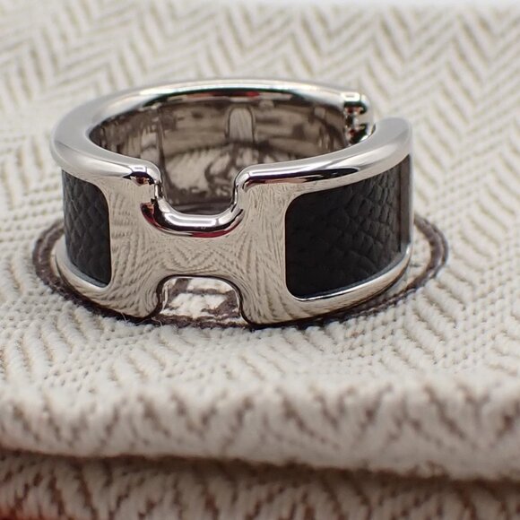 HERMES Olympe Ring XS Palladium Plated Calf Skin Leather Black Silver - Picture 1 of 10